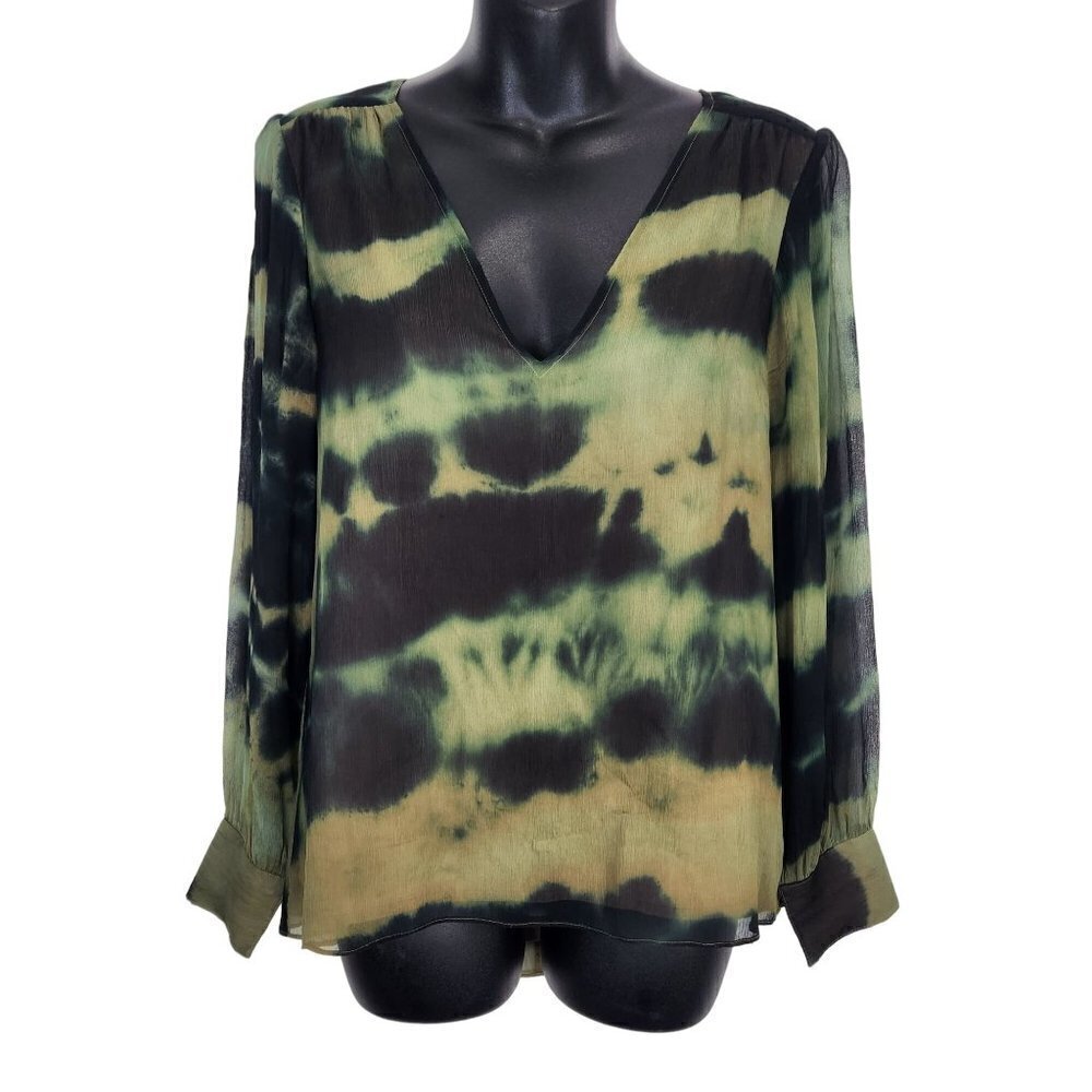 Rory Beca Silk V-Neck‎ Sheer Sleeve Blouse Womens S Green Tie Dye